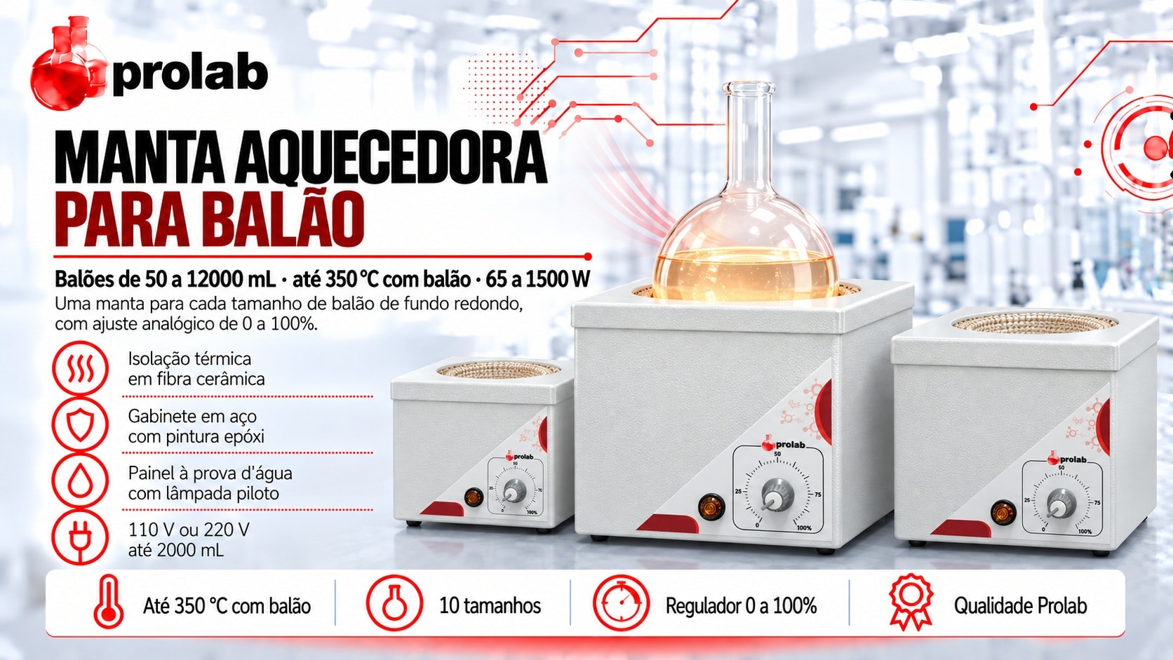 Mantas Aquecedoras para Balão Prolab, de 50 a 12000 mL, com aquecimento até 350 °C com balão