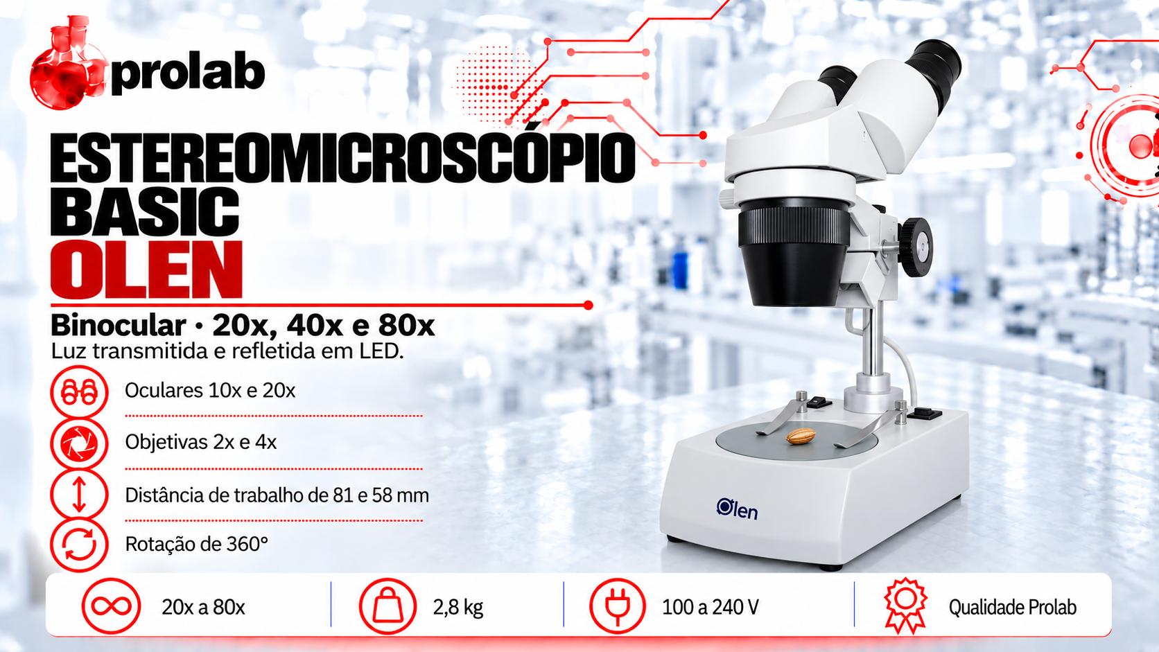 Estereomicroscópio binocular Basic de 20x a 80x, vendido pela Prolab