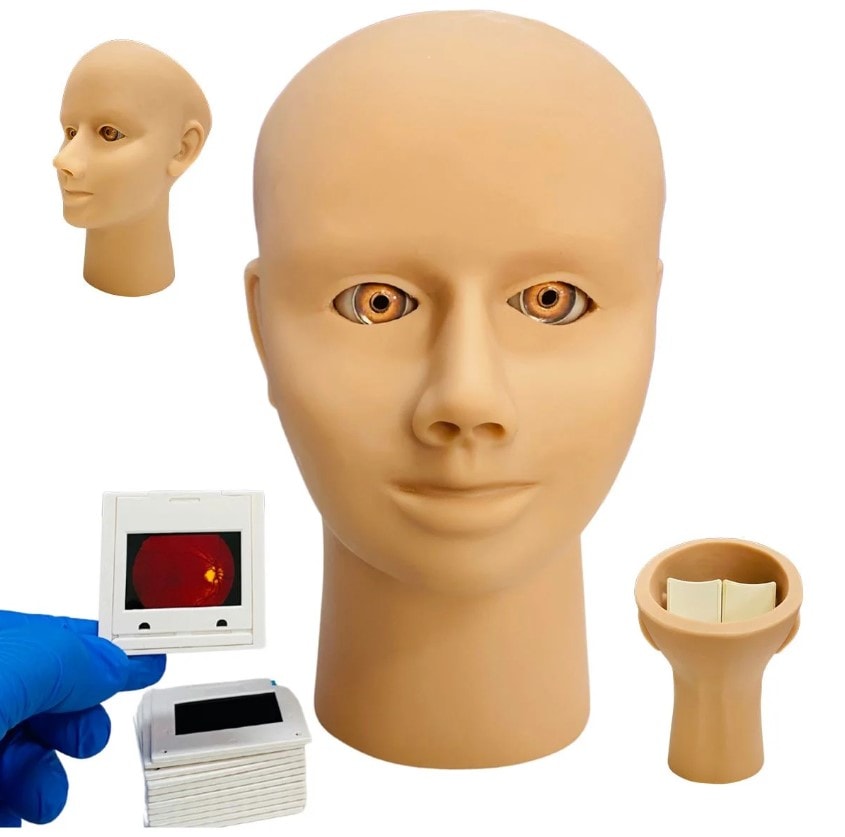 Cabeça simuladora para exame de retinopatia com 13 lâminas de retina