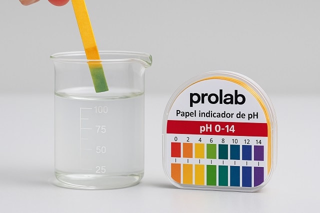 Papel indicador de pH Prolab medindo solução aquosa com escala de cores