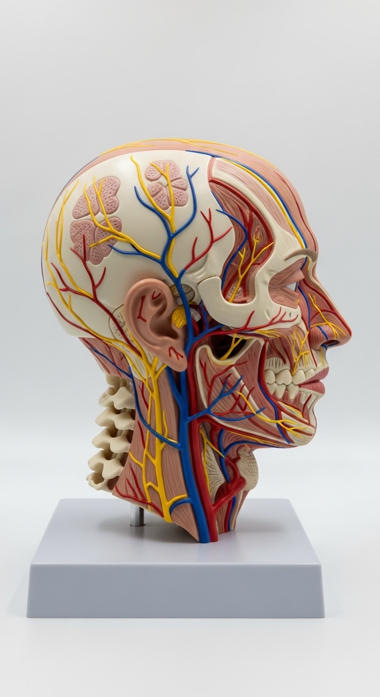 Modelo anatômico da cabeça com nervos cranianos e vasos da face em base estável