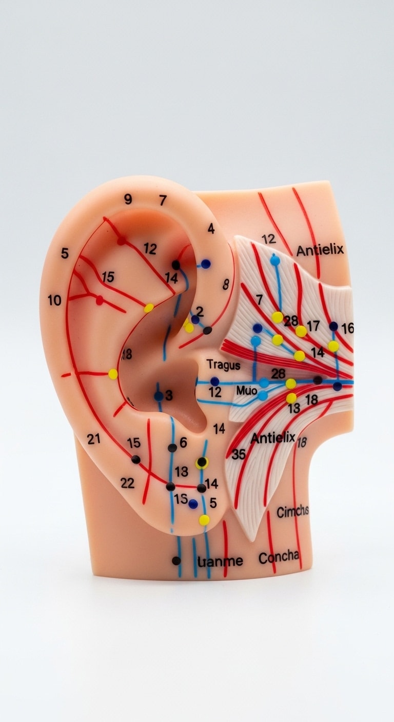 Modelo auricular com pontos de acupuntura detalhados